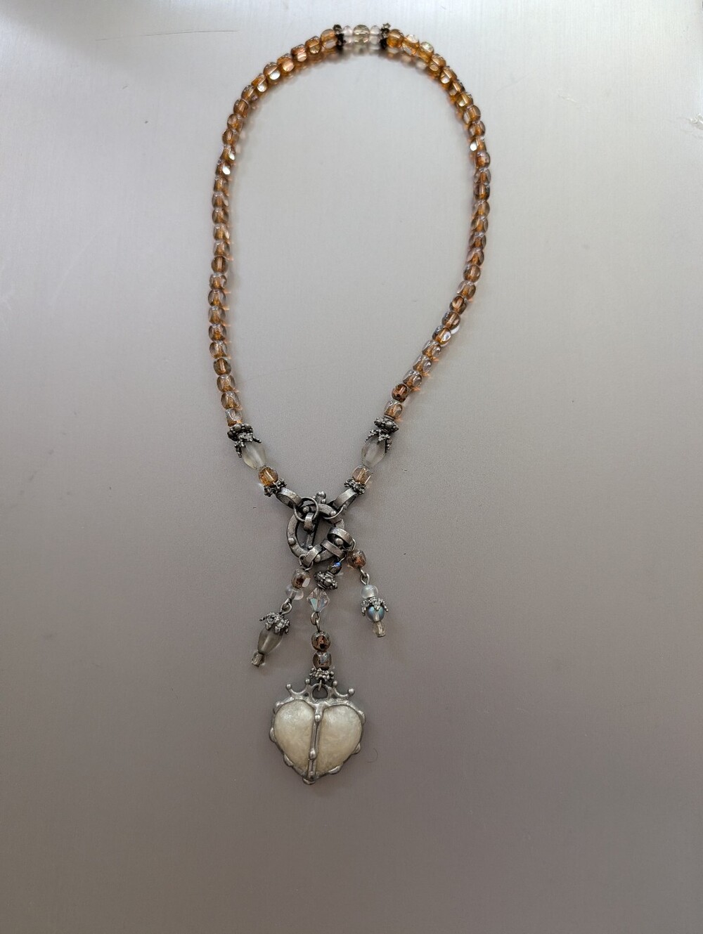 Maya Champagne Bead Necklace with Silver Resin Heart Pendant